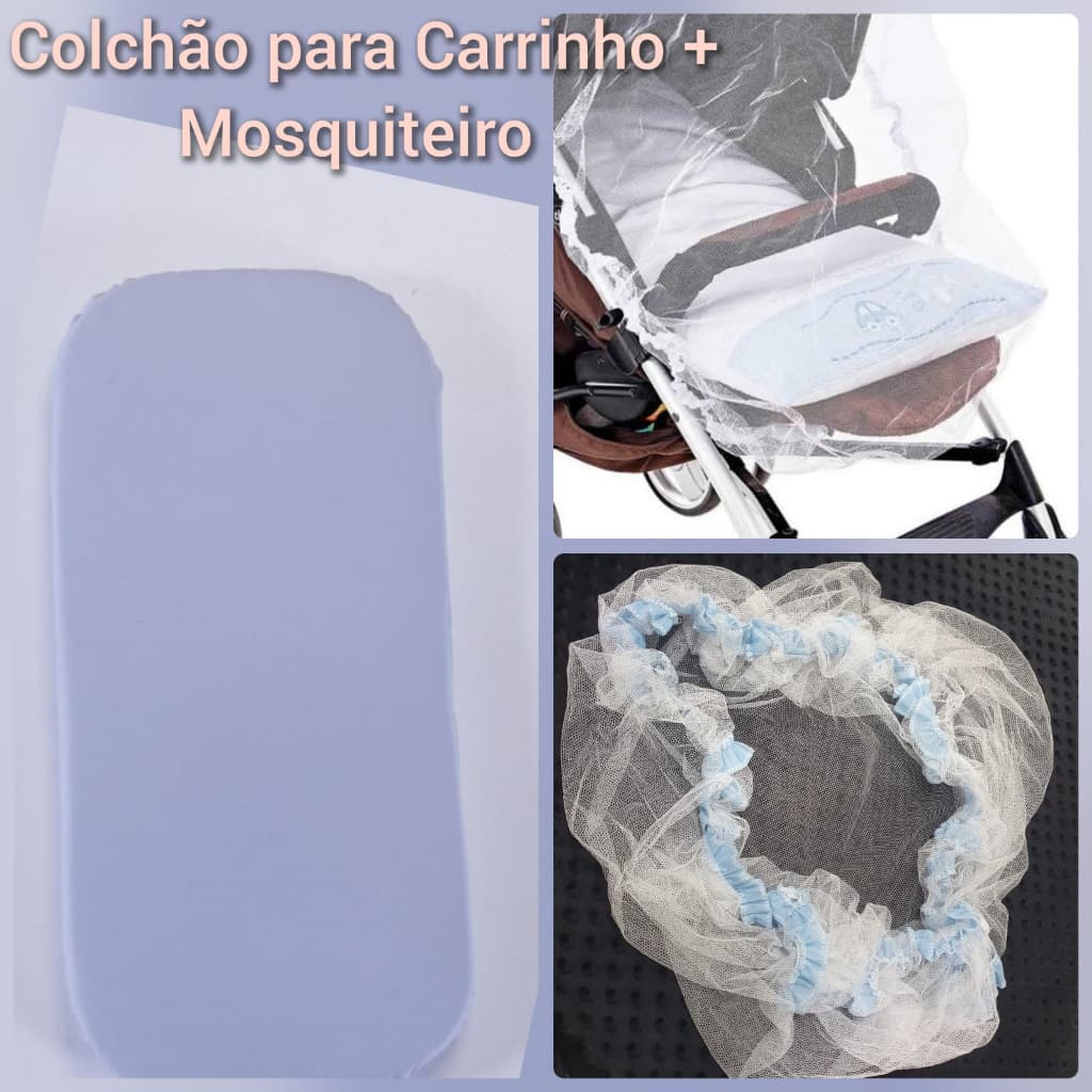 Colchonete Para Carrinho De Bebê Moises Universal Azul bebê + Mosquiteiro protetor para carrinho de Bebê azul
