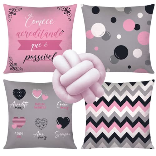 Kit c/ 4 Capas de Almofada Decorativas 45x45 + 1 Almofada de Nó Kit Comece Acreditando Que é Possível