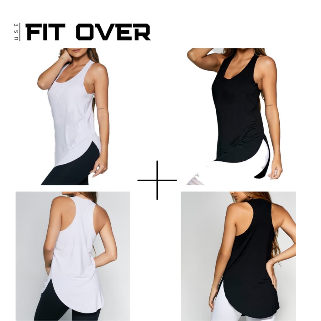 Kit 2 camisetas fitness - básica - tapa bumbum - branca + preta - academia - crossfit - fit over