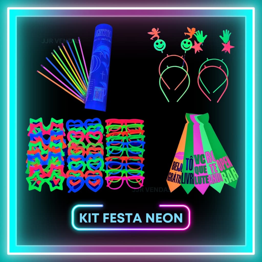 Kit Festa 40 Itens Brilha Luz Negra + 100 Pulseira Neon