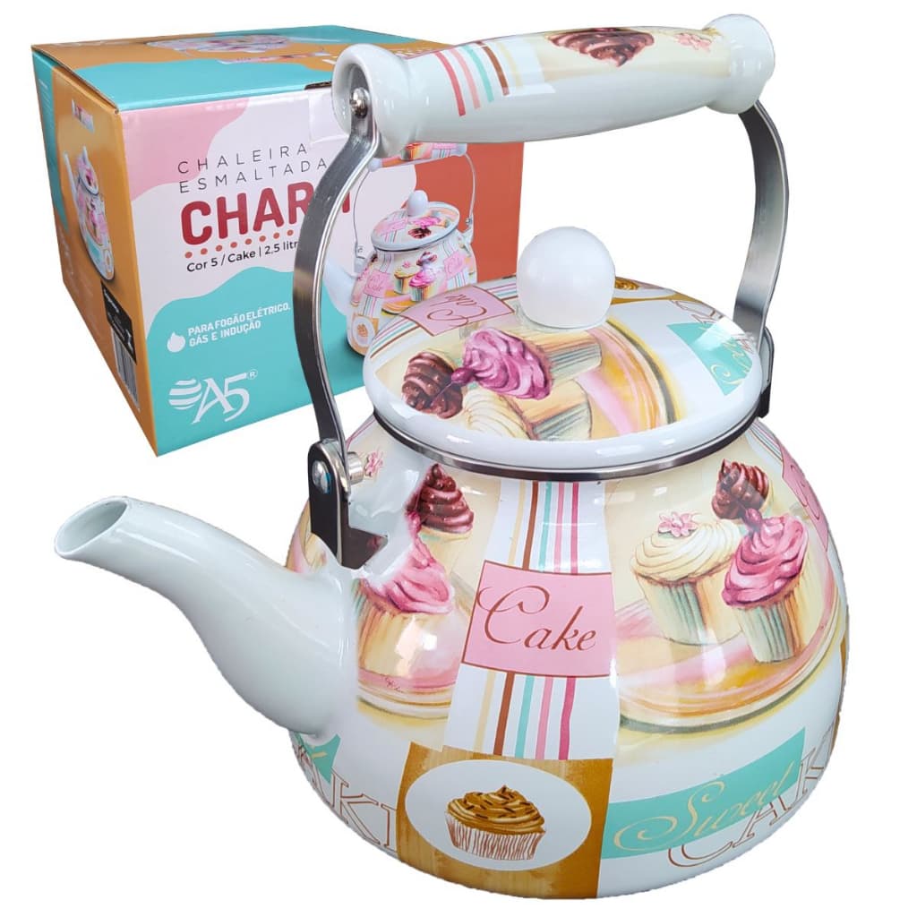 Chaleira Esmaltada Decorada Cupcake Porcelana Fundo Indução 2,5 Litros
