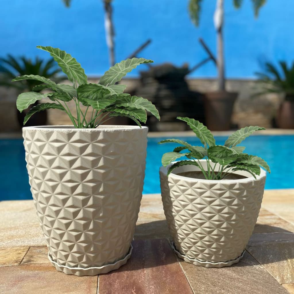 Kit 2 Vasos Polietileno Para Plantas Jardim Sala Casa Luxo Coluna e Bojo Diamante PP Com Prato