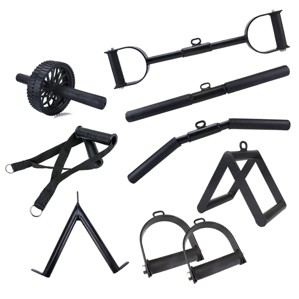 Kit Barras e Acessórios Academia – Pulley Reta, TRX, Supino, Pump e Roda Abdominal (10 Peças)