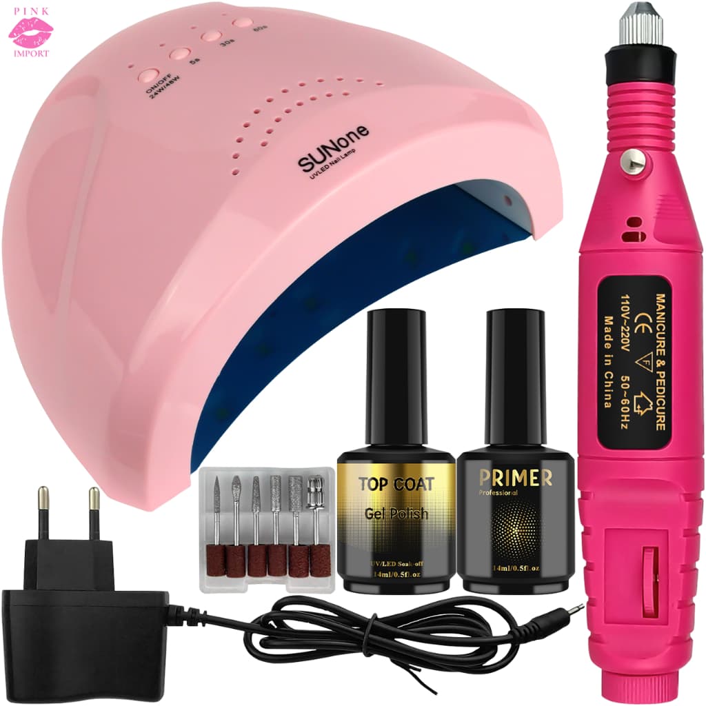kit Cabine Sun One 30 leds +Lixadeira De Unha Caneta Motor + Top Coat + Primer + Unha Gel Manicure