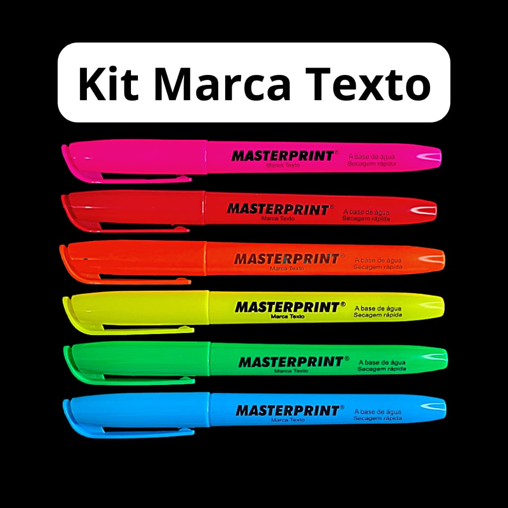 Caneta Marca Texto Neon KIT com 6 unid  Masterprint  Ponta Chanfrada Destaca e grifa caneta canetinha escolar escritório estudar artesanato livro verde rosa azul vermelho laranja amarelo vibrante cores forte