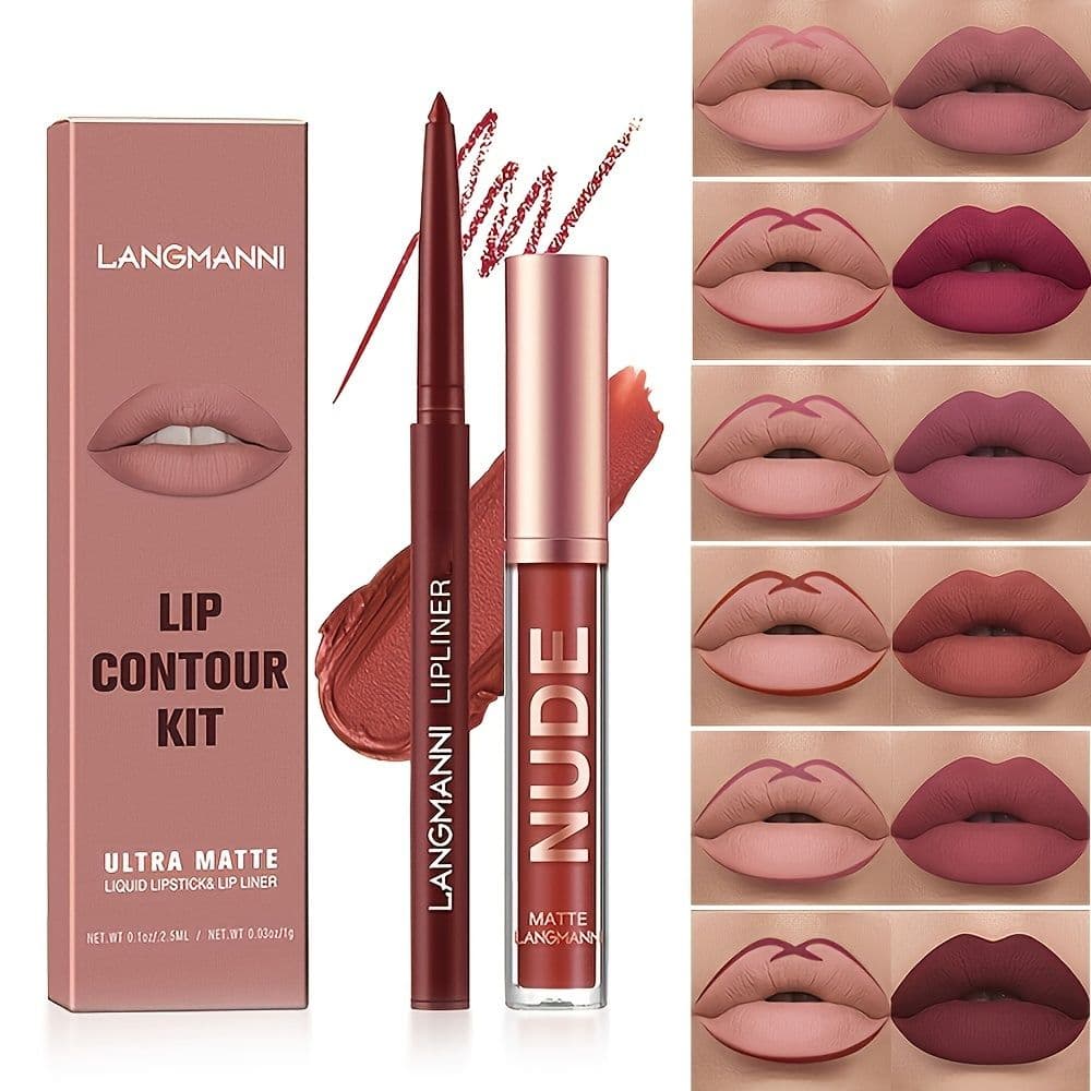 Kit de Maquiagem Labial: Batom Matte + Lápis de Contorno À Prova d'água Alta Pigmentação