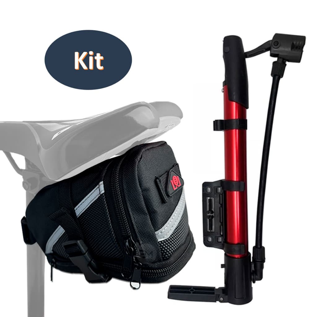 Kit Bomba De Ar Alumínio Trava e Bicos Fino/grosso Encher Bola Pneu de Bicicleta + Bolsa Selim Bike