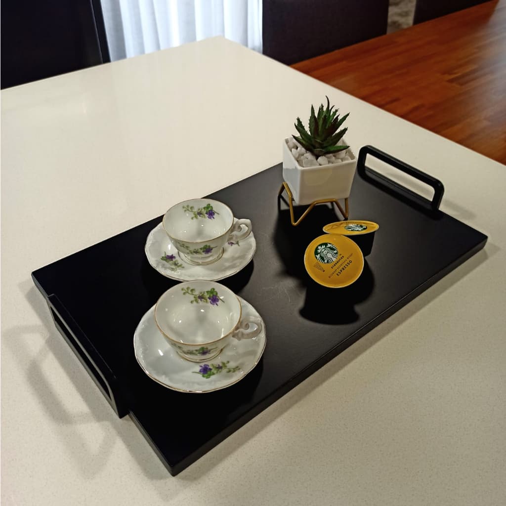 Bandeja Decorativa Preta para Café - Bandeja de Madeira - Bandeja de Bebidas - Decoração de Cozinha BD001A