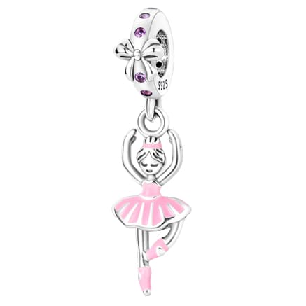 Berloque 100% prata 925 de bailarina de saia rodada, collant, sapatilha rosa e coque no cabelo cd 51