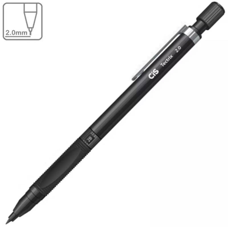 Lapiseira técnica 2.0 mm tectrix preta  + 1 tubo de geafite 2.0 com 8 minas - Cis.