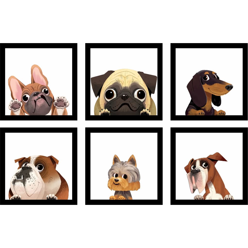 Kit com 6 Quadros em RELEVO Cachorros Fofo Pet Caricatura Animação Dogs