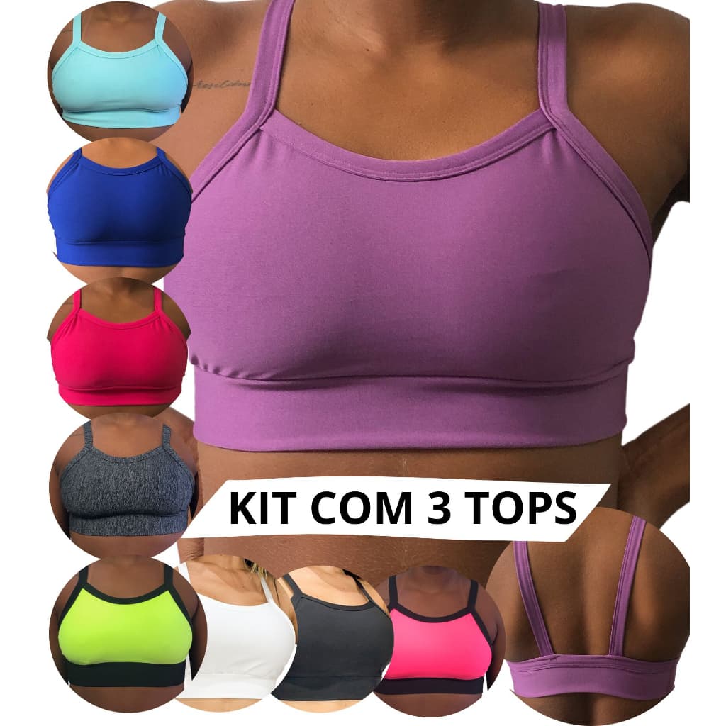 KIT 3 Top Cropped Fitness Academia Fitness com forro cores