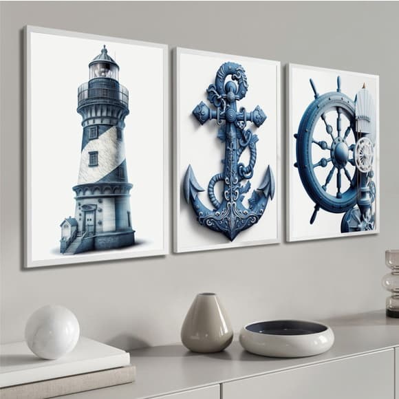 Kit Quadros Decorativo 3 peças 60x40 Mosaico MDF Full HD Trio Marinha Âncora Farol Navio Mar