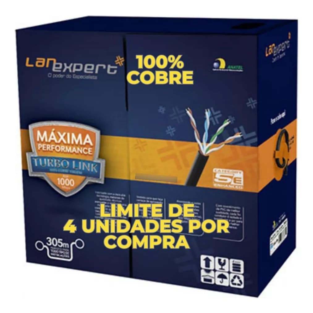 Cabo Rede UTP Lan Cat5e 4 Pares 100% Cobre 305 Metros Preto - Lan Expert