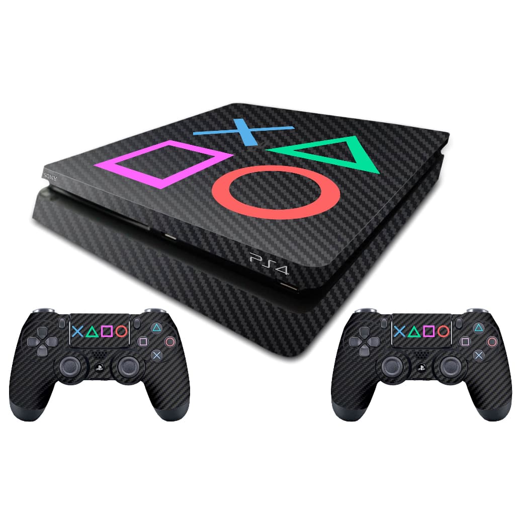 Kit Skin - Adesivo Carbono Compatível com Play 4 Slim Modelo Xis Bola Triangulo e Quadrado + 2 Skins compativel com os Controles - Transforme o seu Play 4  em uma obra-prima