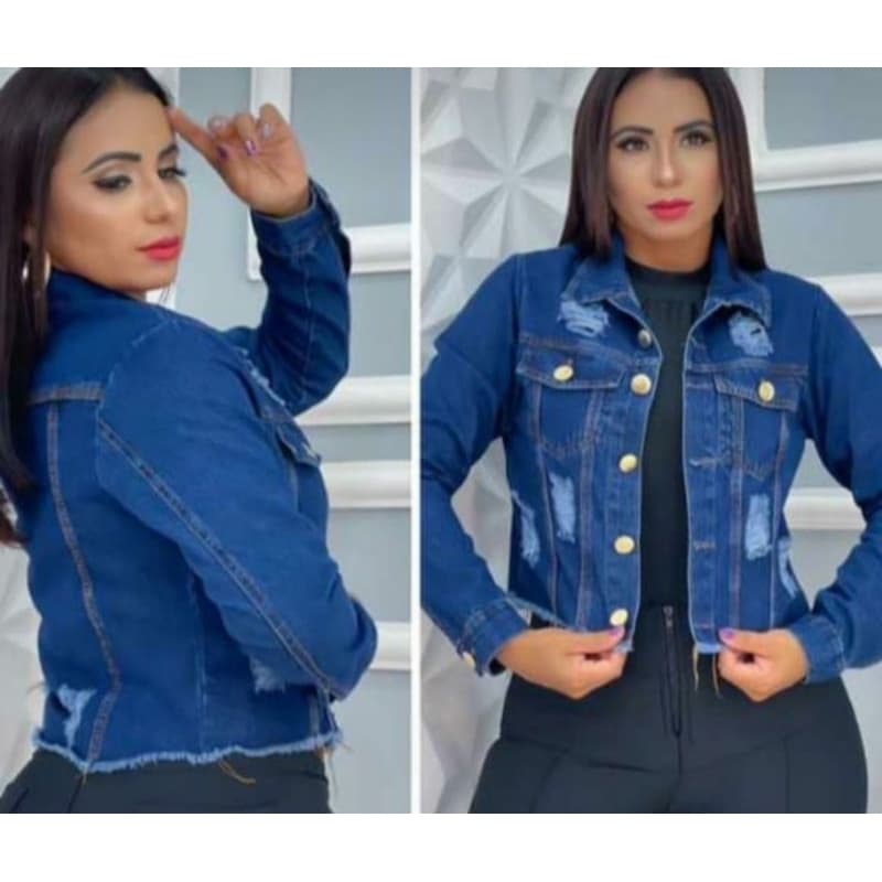 Jaqueta Jeans Feminina Azul Escura Destroyed Linha Premium