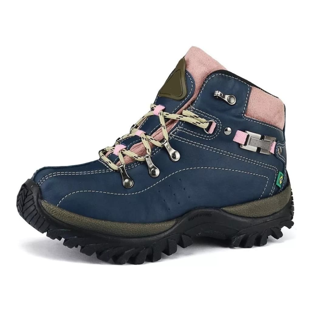 Bota Adventure Feminina Azul com Detalhe Rosa Couro Ecológico