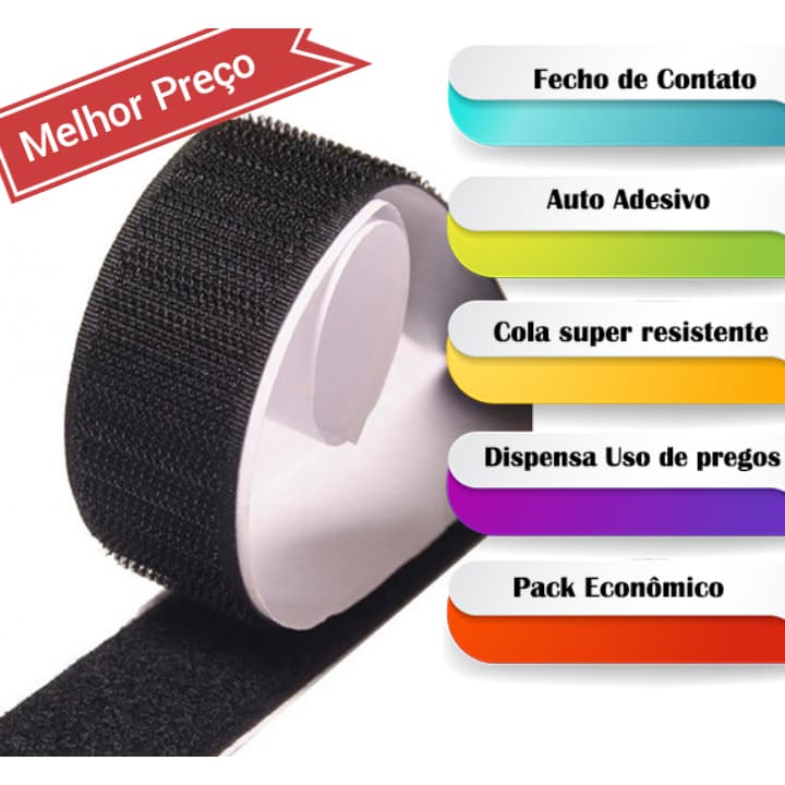 Fecho Contato  Velthor Auto Adesivo  20mm/50mm preto a metro Macho e Fêmea tela mosquiteiro