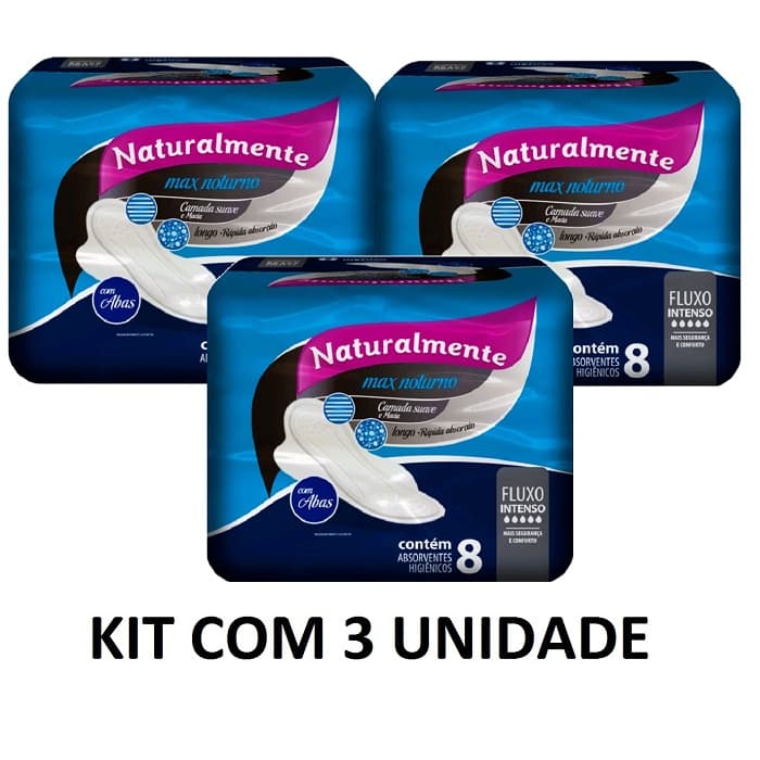 NATURALMENTE ABSORVENTE MAX NOTURNO C/8 COM ABAS KIT COM 3 UNIDADES