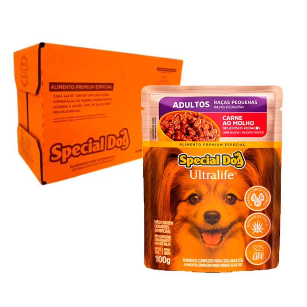 Caixa 12un Ração Úmida Special Dog Sachê Adultos Raças Pequenas Carne 100g