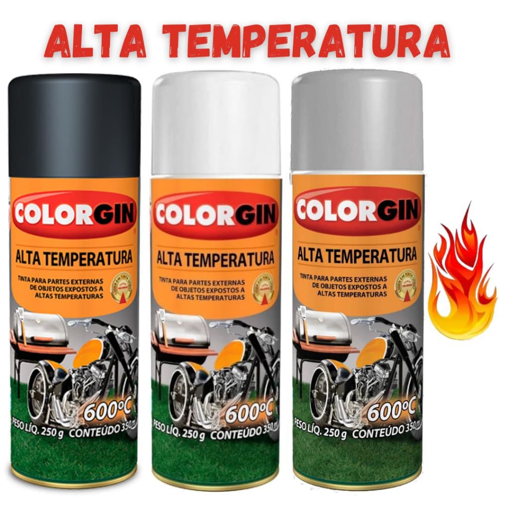 Spray alta temperatura Colorgin Preto fosco, Branco ou Aluminio 350ml 600graus