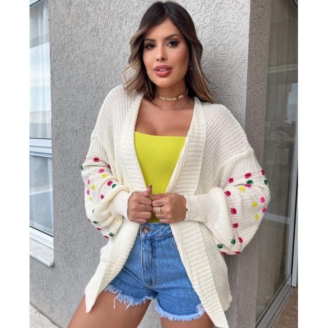 Casaco Cardigã Tricot Manga Bufante Bolinha Colorido Kimono OverSized
