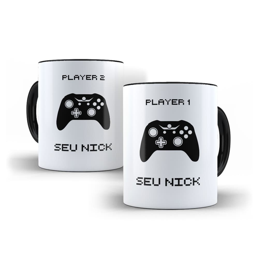 Caneca Casal Gamer Personalizada Xbox - 2 Canecas Player 1 e 2 com Seus Nomes Nicks