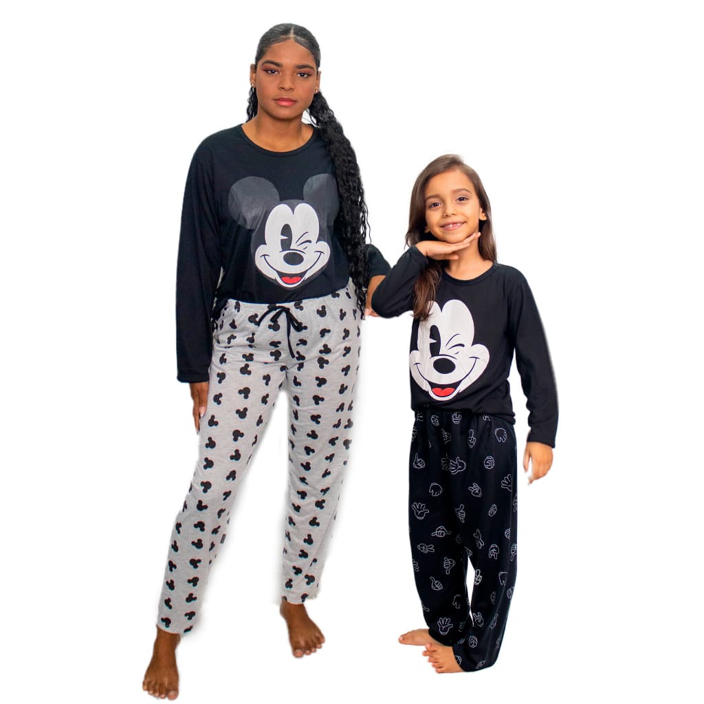 Kit Pijama Mãe e Filha Mickey Inverno Longo Confortável Promoção