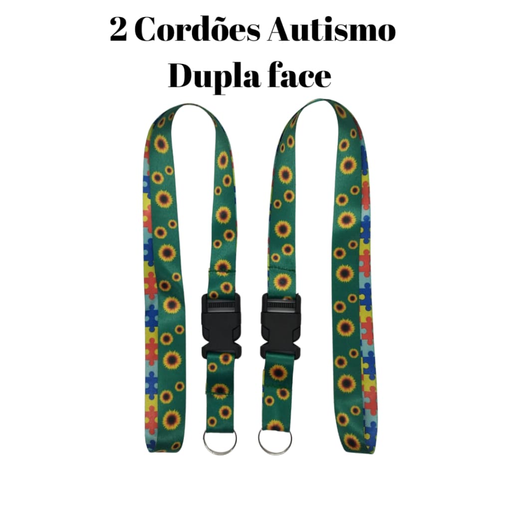 2 Cordões Dupla Estampa Moto Pescoço Fecho Engate Rápido Autismo Autista Dupla Face Girassol e Quebra Cabeça Vermelho