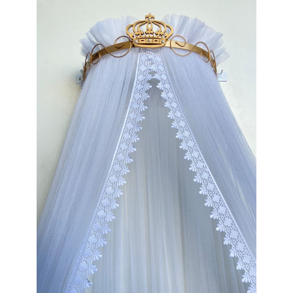 Dossel Clássico Coroa Dourado e Mosquiteiro Tule Renda Enxoval