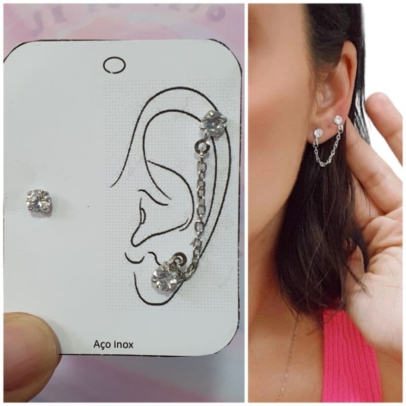 Brinco corrente aço inox cirúrgico earcuff ear cuff pedra strass brilho ponto de luz