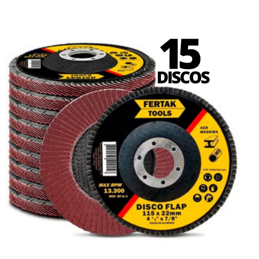 Kit 15 Discos Flap Disc  Reto 4.1/2'' (115mm) Para Esmerilhadeira - Metal Aço Madeira Inox - Fertak