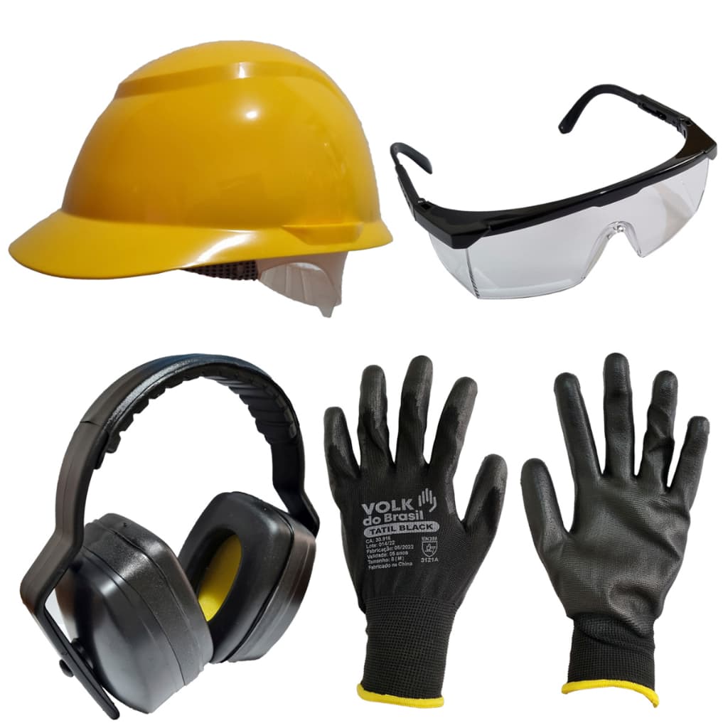 Kit Obra Capacete Óculos Abafador Luva Poliuretano PU Preta Pedreiro Construção Civil Ajudante Geral