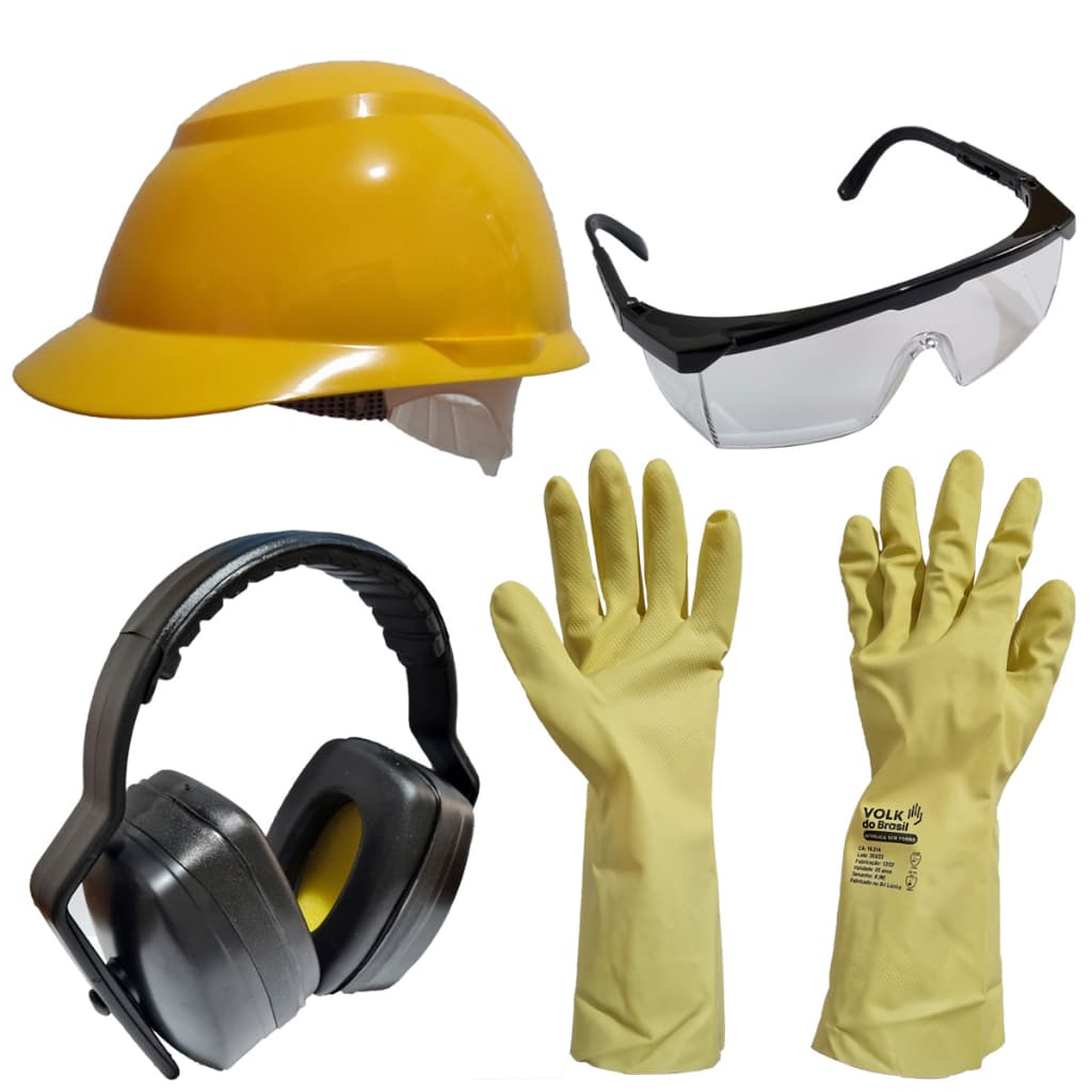 Kit Obra Capacete Óculos Abafador Luva Nitrílica Limpeza Pedreiro Construção Civil Ajudante Geral