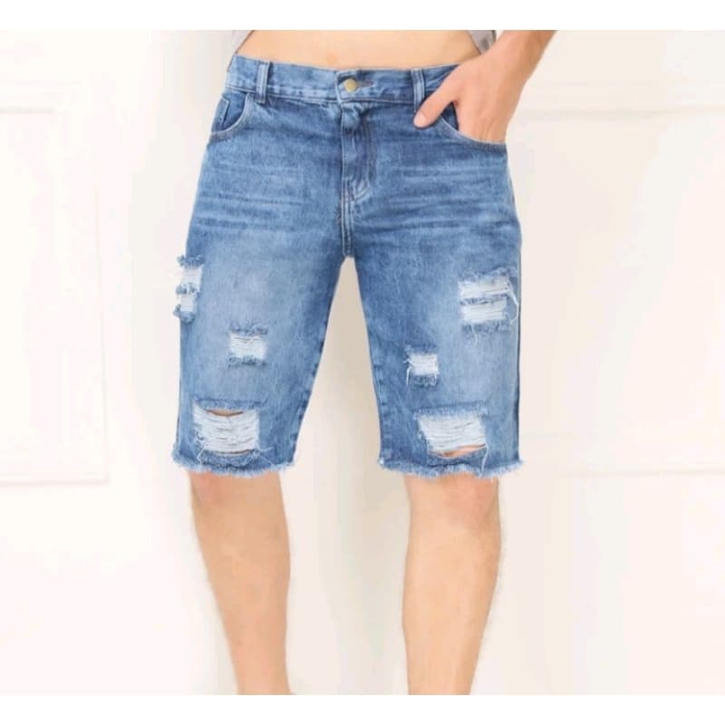 Bermuda Jeans Escura Rasgada Masculina Elastano Lycra Premium Mega Promoção Só Hoje