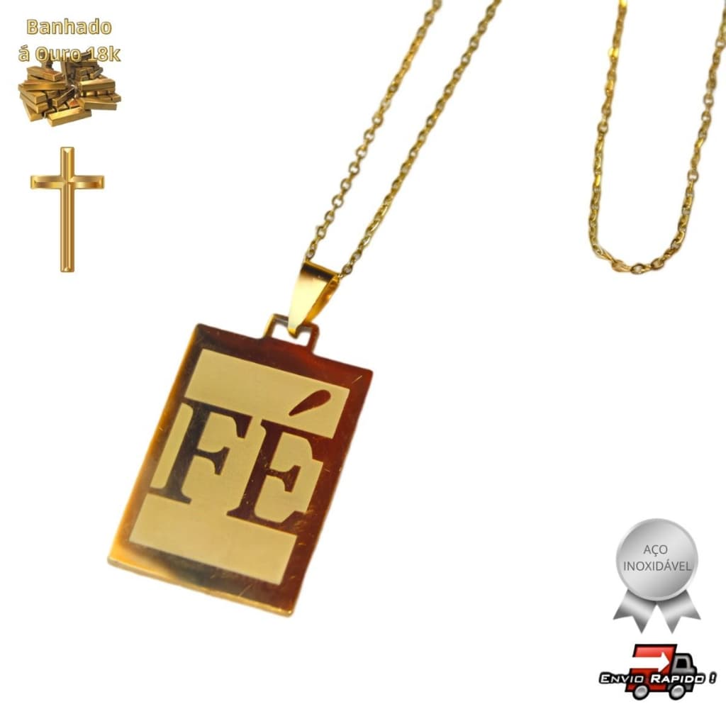 Colar com Pingente Fé Placa Cristã Católico Evangélico Gospel Bíblico Dourado Corrente Gargantilha