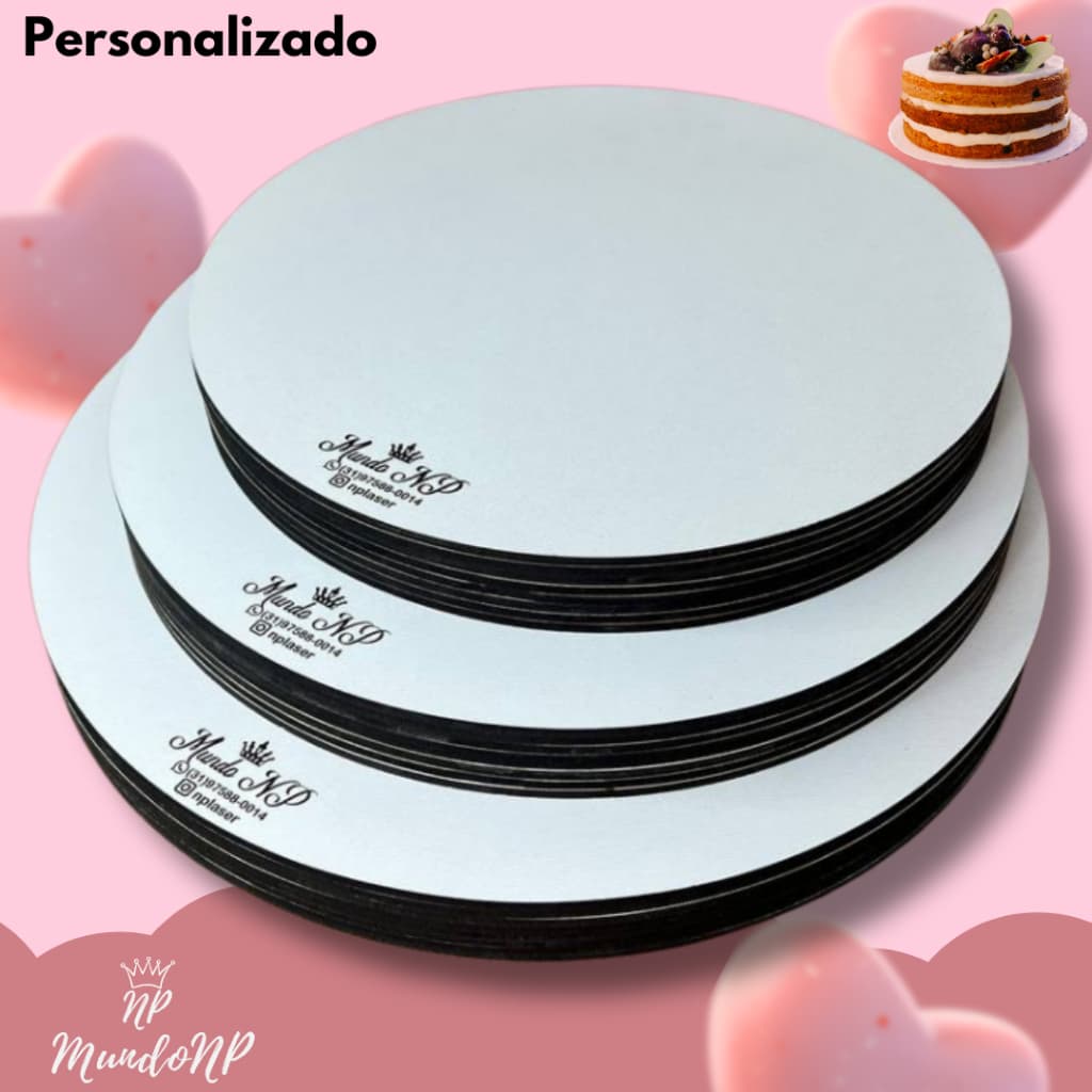 KIT COM 5 - CAKE BOARD PERSONALIZADO MDF 3MM LAMINADO BRANCO