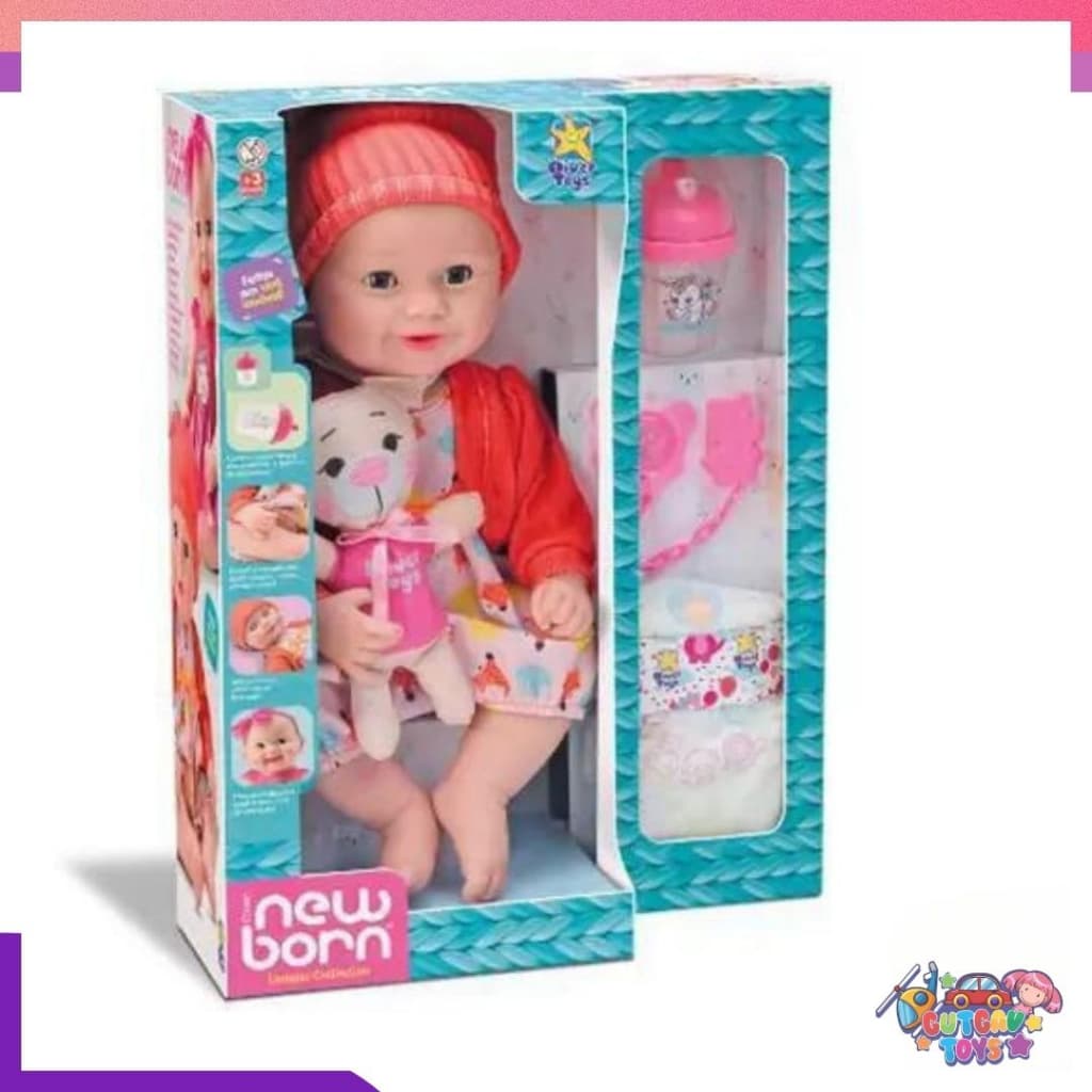 Boneca Reborn Abre e Fecha os Olhos com Ursinho Diver New Born Divertoys