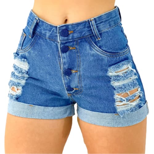 Short Feminino Jeans Curto Jeans Rasgado Cor Clara Shortinho Cintura Alta Levanta o bumbum