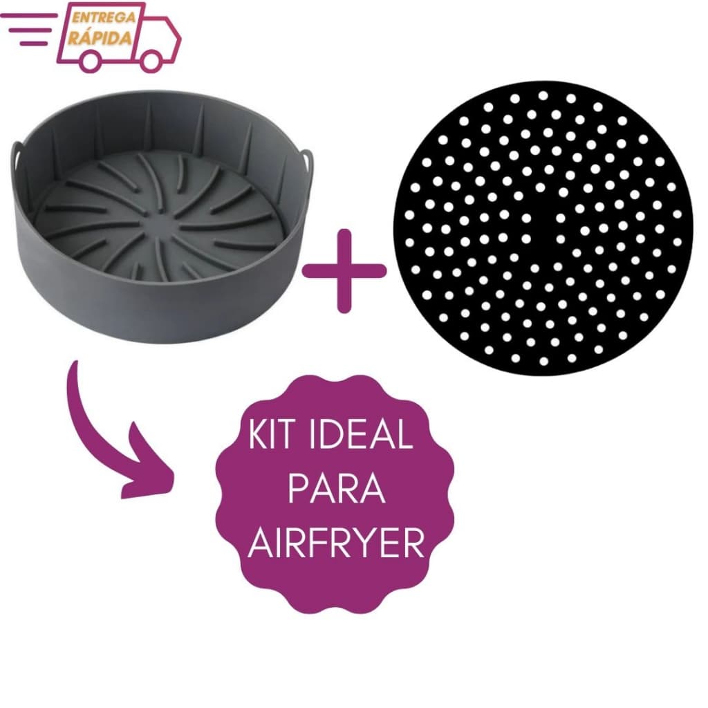 Kit Forma e Tapete de Silicone Airfryer para Assar Grelhar Cozinhar Redonda