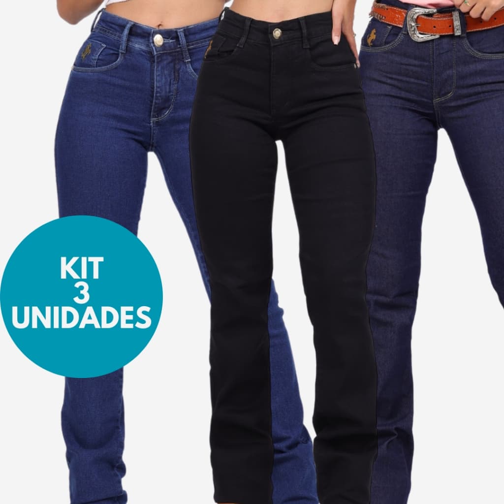 KIT 3 Calças Country de Rodeio Feminina Cintura Alta Com Lycra Elastano Empina Bumbum