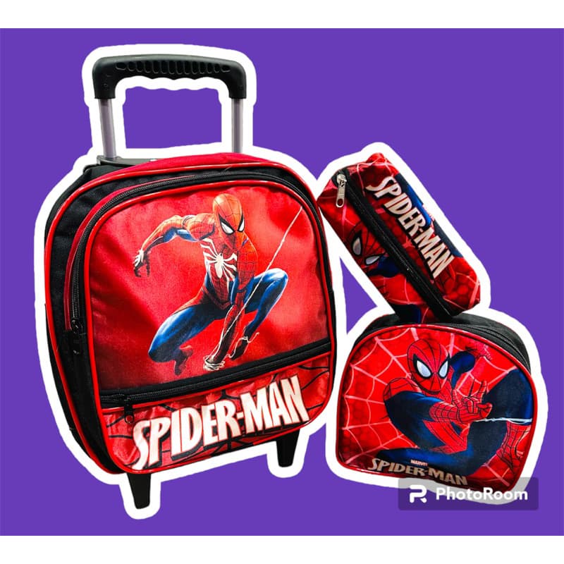 kit escolar mochila+estojo+lancheira infantil de rodinha creches-homen aranha