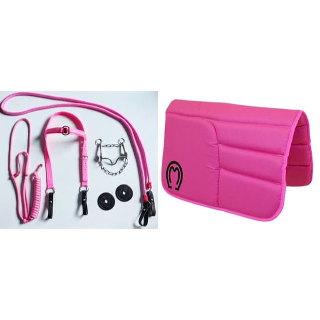 KIT ROSA montaria com Cabeçada Freio Rédea Protetor Cabresto Manta