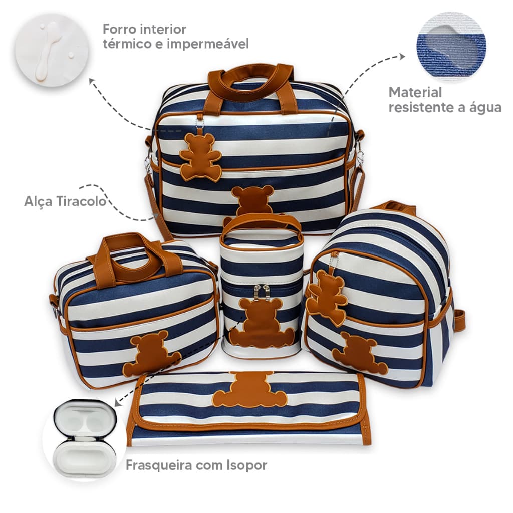 Bolsas de Maternidade Listras Urso Térmico Grande 5 Itens