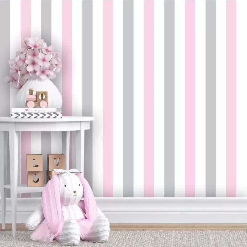 Papel De Parede Listrado, Infantil em Tons De Rosa, Branco E Cinza 1,00m