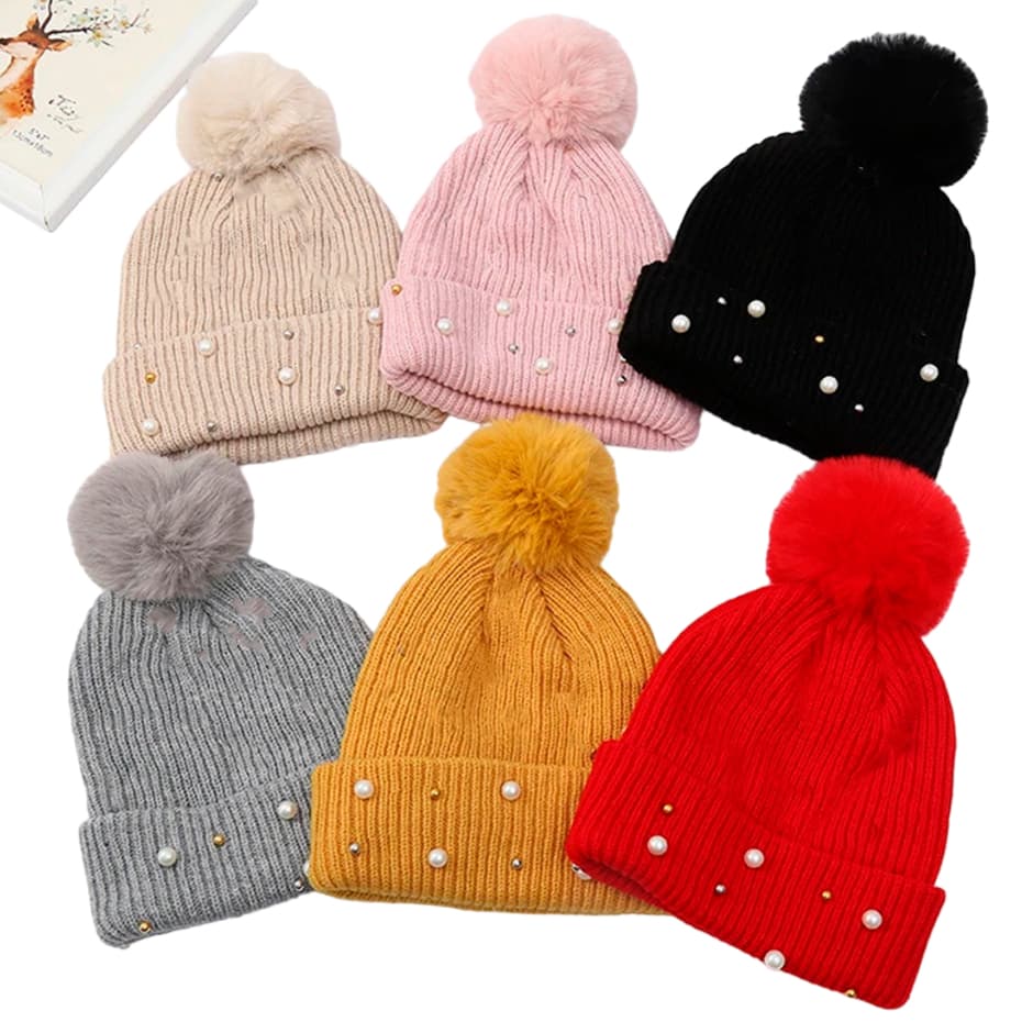 Touca Feminina Forrada Térmica com Pérolas Pompom Inverno Gorro Adulto Cores Sortidas