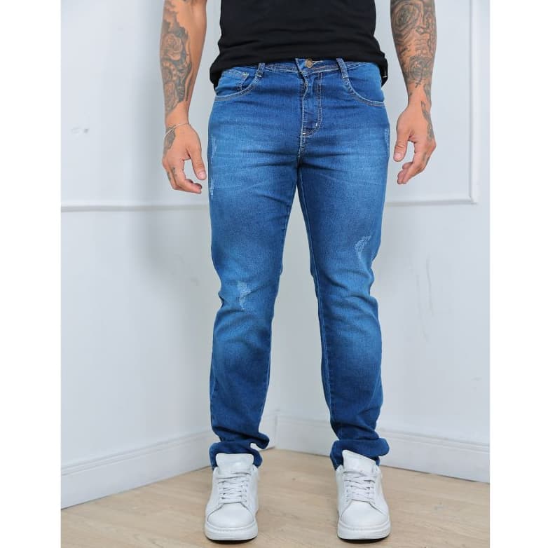 Calça Jeans  Masculina com Puido modelagem slim com laycra modelo Premium confortável