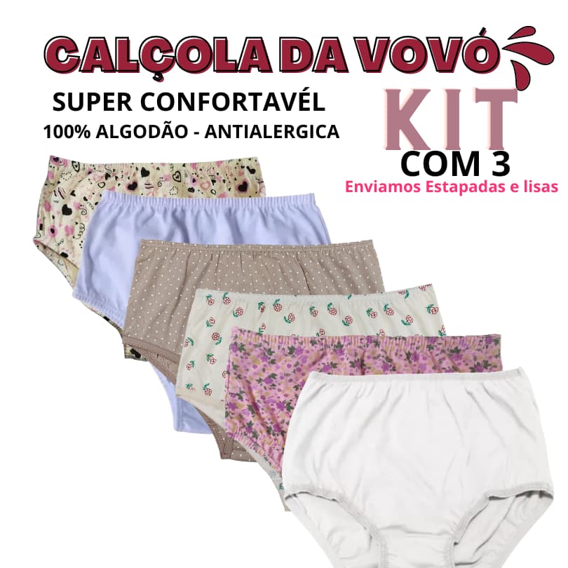KIT COM 3 Calçola Senhora 100% Algodão 3 Unidade calcinha da vovó direto da fabrica calcinhas boas e baratas