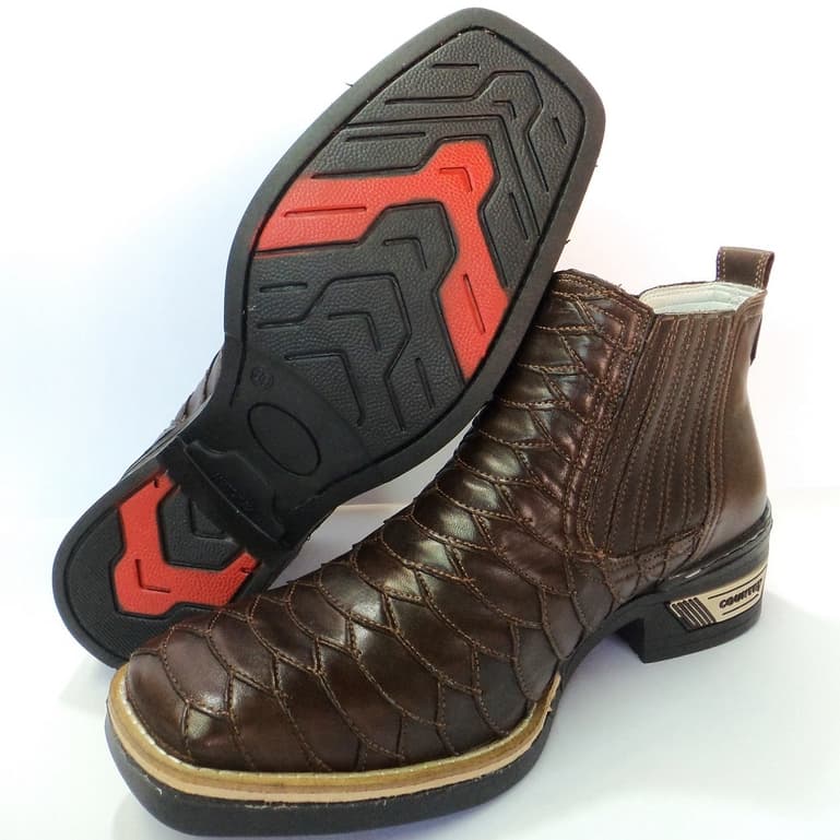 Bota Botina Masculina Texana Cano Curto Escamada de Elásticos Laterais em Couro Bico Quadrado