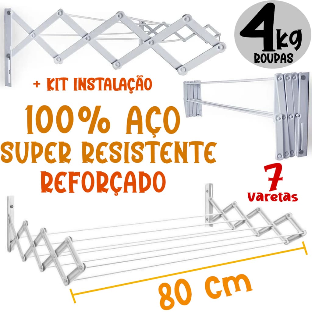 Varal Sanfonado Retrátil Parede 80 Cm Aço Branco Reforçado Secalux